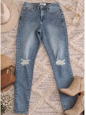 Judy Blue JB88565 Rhinestone Slim Fit Jeans – High Rise Distressed Size 3/26